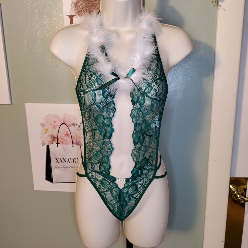 Christmas Lingerie Teddy Lingerie Green Halter V Neck Lace Bodysuit - Picture 2 of 10